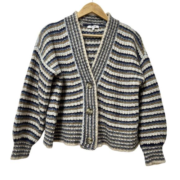 Madewell Waller Stripe Wool Blend Chunky Knit Cardigan Size XS Blue Preppy - Picture 1 of 8